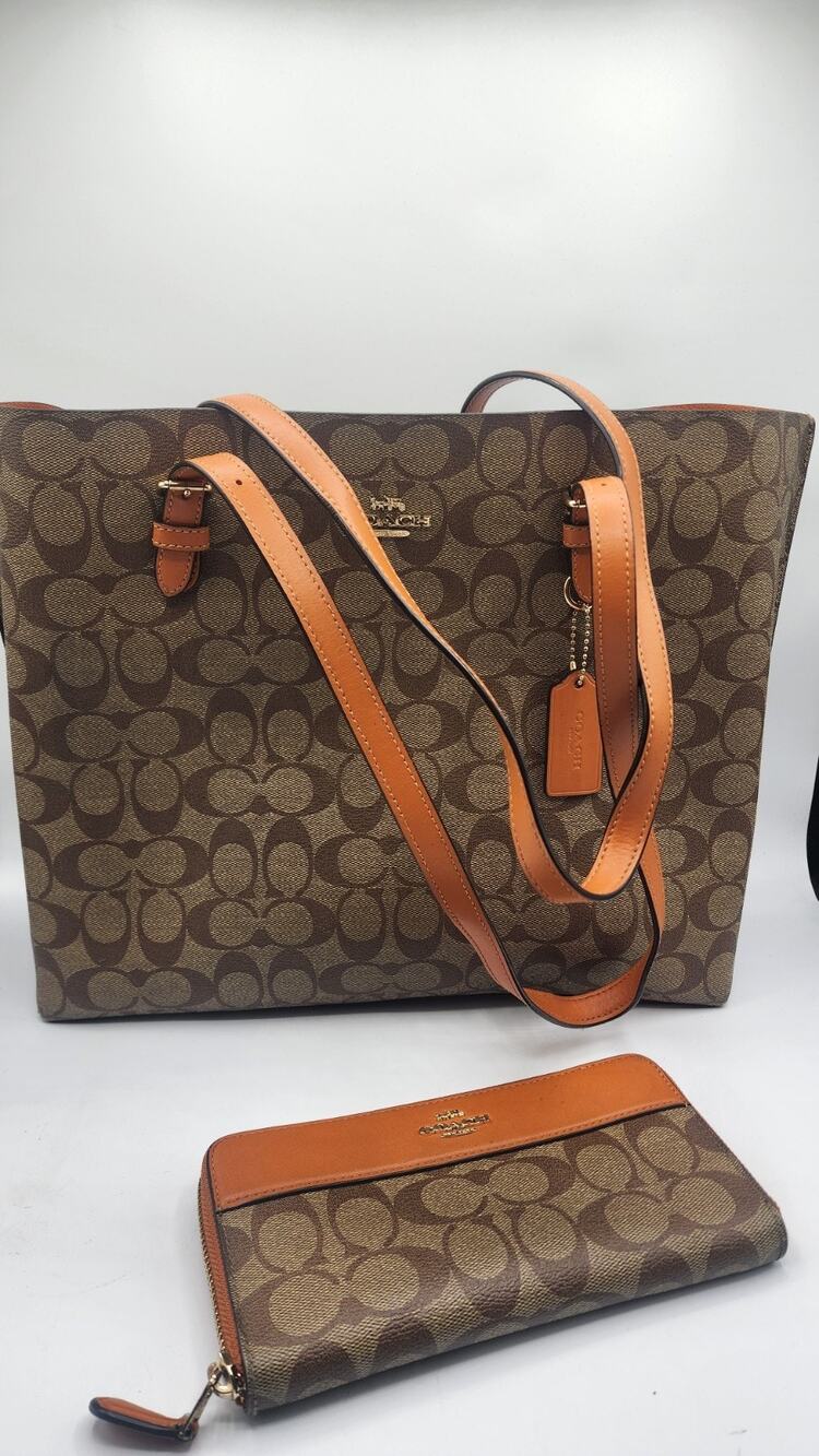 Coach Signature Canvas Shoulder Tote Handbag & Zip Wallet Set